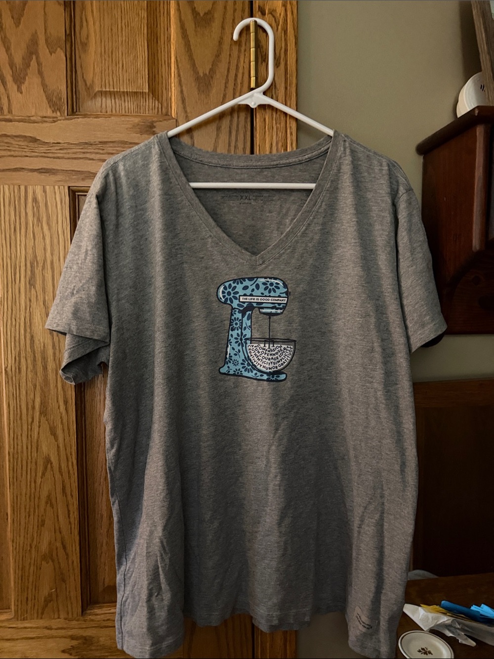 Life Is Good Gray V-Neck Tee with Blue Mixer Graphic